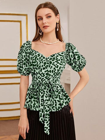 Sweetheart Neck Belted Leopard Top - takostyle