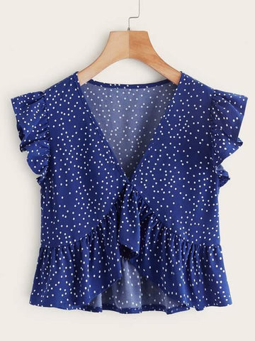 Polka Dot Chiffon Crop Babydoll Blouse - takostyle