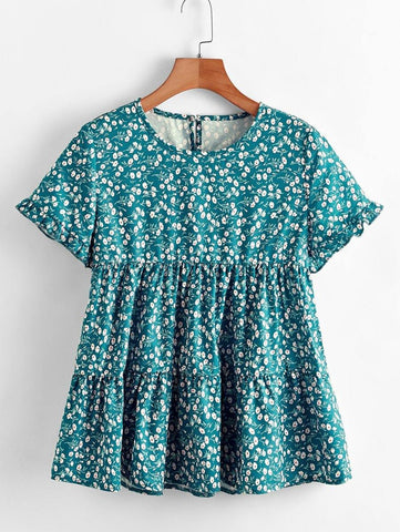 Ditsy Floral Print Keyhole Back Babydoll Blouse - takostyle