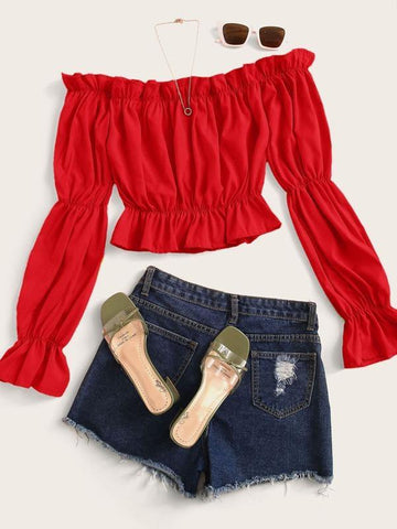 Solid Ruffle Trim Off The Shoulder Blouse - takostyle
