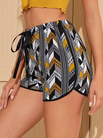 Tie Waist Contrast Binding Allover Print Dolphin Shorts - takostyle