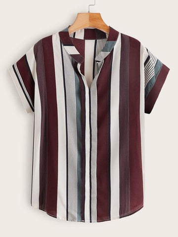 Striped Batwing Sleeve Curved Hem Blouse - takostyle