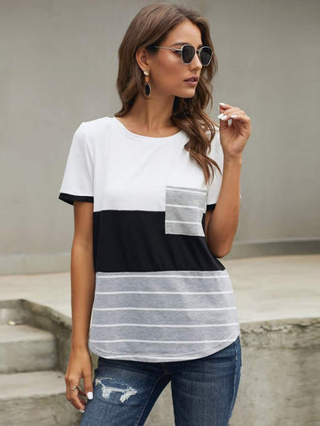 Cut And Sew Striped Curved Hem Tee - takostyle