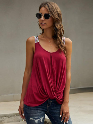 Embroidered Tape Twist Front Tank Top - takostyle