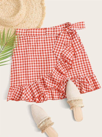 Knot Side Ruffle Hem Gingham Wrap Skirt - takostyle
