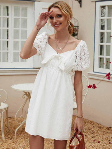 Tie Front Lantern Sleeve High Waist Dress - takostyle