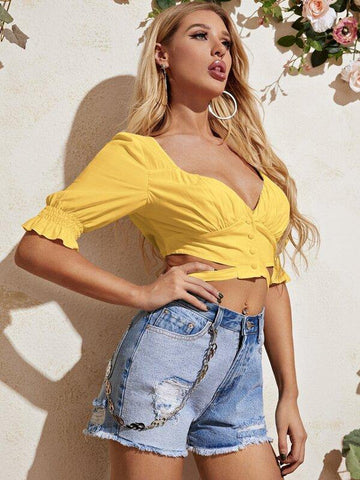 Sweetheart Neck Shirred Cuff Tie Back Crop Blouse - takostyle