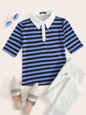 Contrast Collar Striped Polo Shirt - takostyle