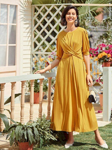 Twist Front Solid Long Tee Dress - takostyle