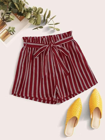 Vertical Striped Paperbag Waist Belted Shorts - takostyle