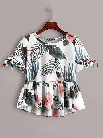 Knot Cuff Tropical Print Peplum Top - takostyle