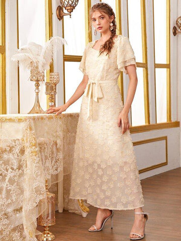 Layered Sleeve Applique Belted Dress - takostyle