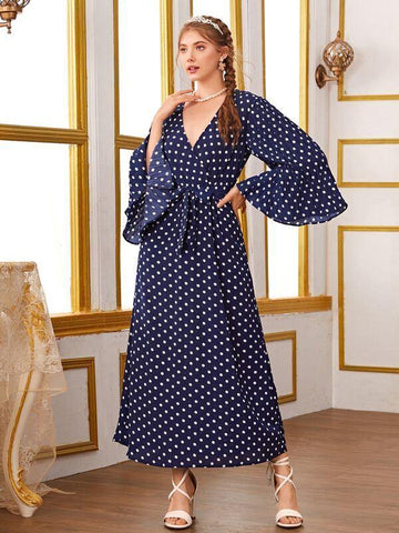 Polka Dot Surplice Front Belted Dress - takostyle