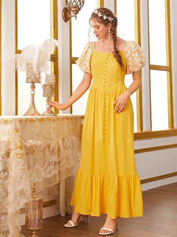 Contrast Floral Puff Sleeve Covered Button Front Dress - takostyle