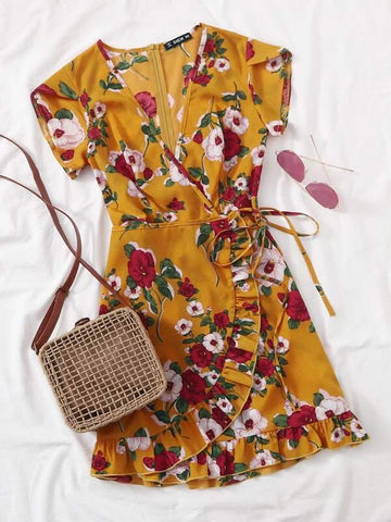 Floral Petal Sleeve Ruffle Hem Tie Side Wrap Dress - takostyle