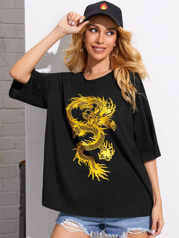 Dragon Print Oversized Tee - takostyle