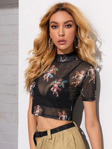 Angel Print Sheer Top Without Bra - takostyle
