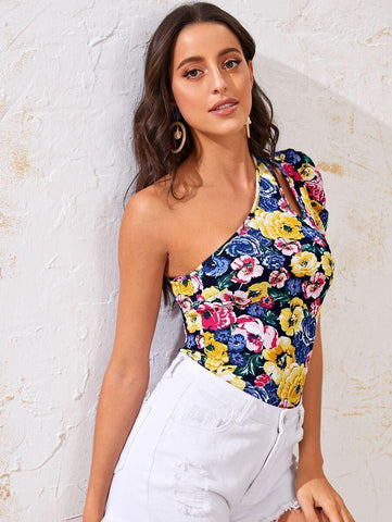 One Shoulder Cutout Detail Floral Print Top - takostyle