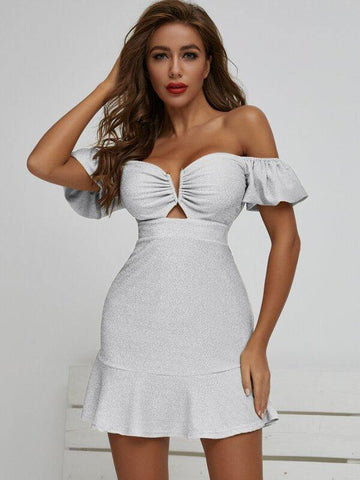 SBetro V-bar Off Shoulder Ruffle Hem Glitter Dress - takostyle