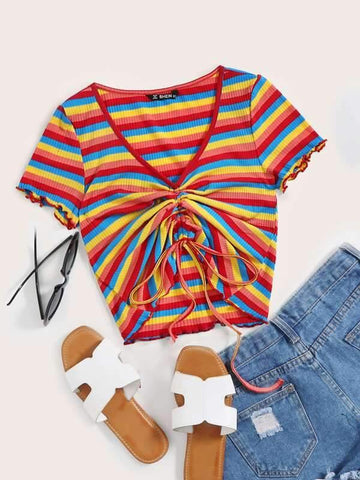 Drawstring Tie Front Lettuce Trim Rainbow Striped Top - takostyle