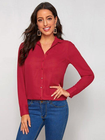 Button Through Solid Blouse - takostyle