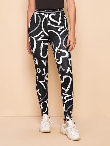 Allover Letter Graphic Tape Waist Leggings - takostyle