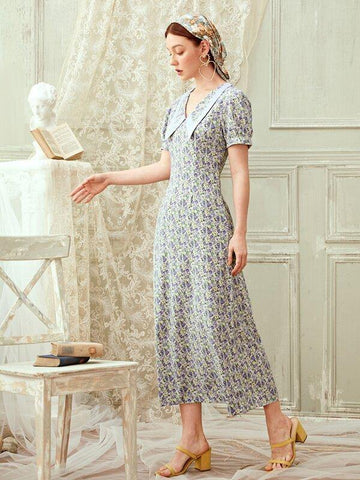 Ditsy Floral Print Puff Sleeve Longline Dress - takostyle