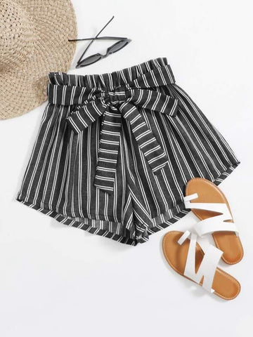 Paperbag Waist Belted Striped Shorts - takostyle