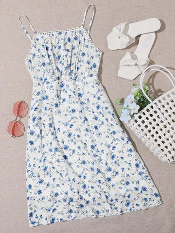 Lace Trim Ruched Bust Floral Cami Dress - takostyle