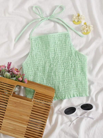 Smocked Self Tie Halter Top - takostyle