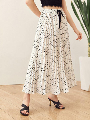 Tie Waist Polka-dot Pleated Skirt - takostyle