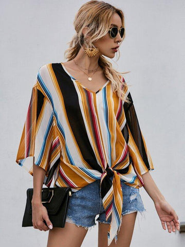 Striped Batwing Sleeve Knot Hem Blouse - takostyle