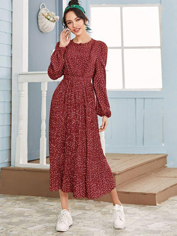 Lantern Sleeve Frill Trim Pleated Polka Dot Dress - takostyle