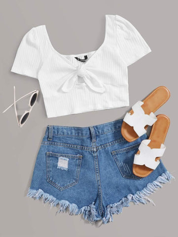 Tie Front Rib-knit Crop Top - takostyle