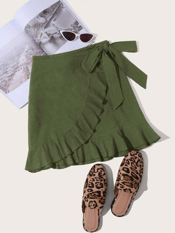 Ruffle Trim Wrap Tie Side Skirt - takostyle