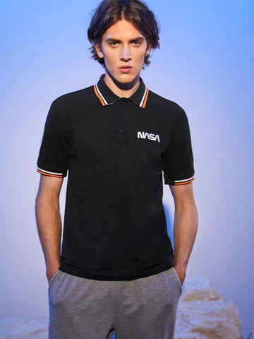 Men Striped Trim Letter Embroidered Polo Shirt