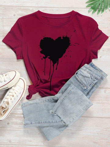 Heart Print Round Neck Tee - takostyle