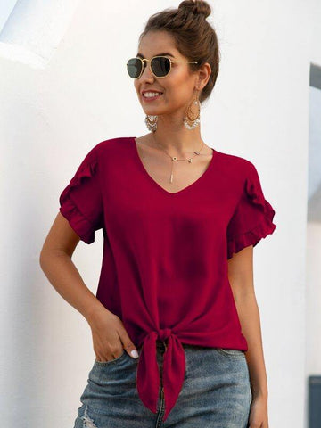 Frill Trim Knot Hem Solid Blouse - takostyle
