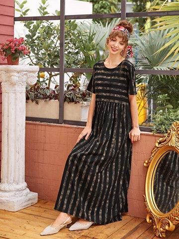 Striped Print Maxi Smock Dress - takostyle