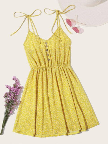 Ditsy Floral Print Dip Hem Knotted Cami Dress - takostyle