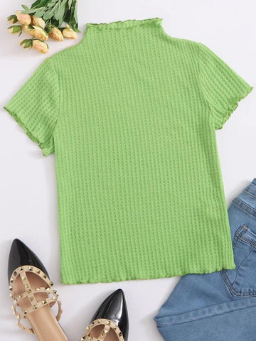 Mock-Neck Lettuce Trim Textured Knit Top - takostyle