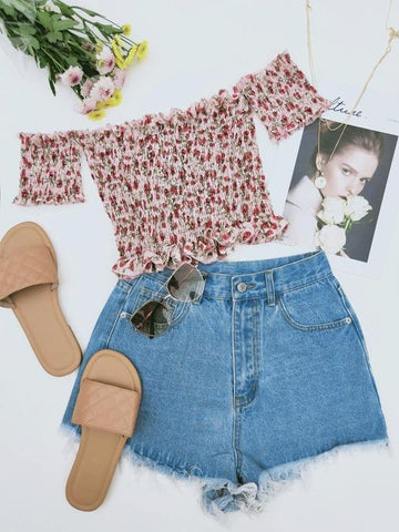 Ditsy Floral Frill Shirred Bardot Top - takostyle