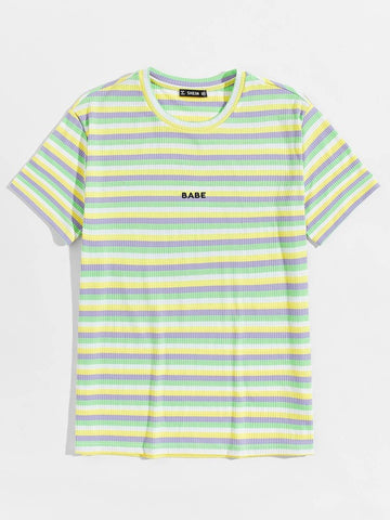 Men Letter Embroidery Colorful Striped Rib-knit Top