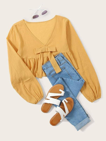 Bow Front Ruffle Hem Crop Blouse - takostyle