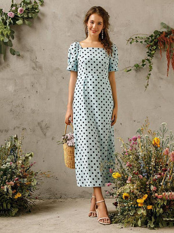 Polka Dot Square Neck Puff Sleeve A-line Dress - takostyle