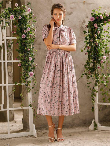 Tie Neck Pleated Hem Belted Ditsy Floral Dress - takostyle