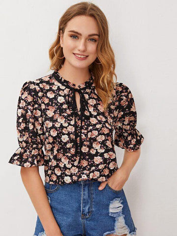 Tie Neck Floral Print Blouse - takostyle