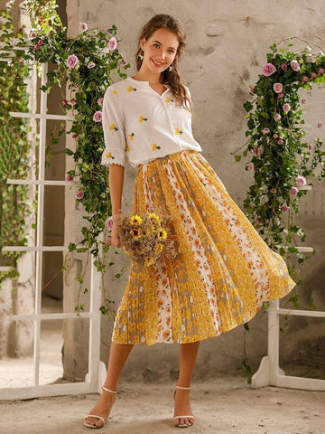 Cherry Embroidery Notched Neck Blouse - takostyle