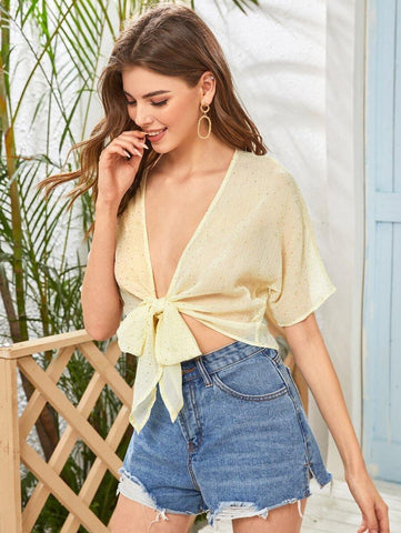 Plunging Neck Tie Front Top - takostyle