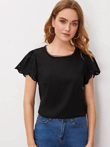 Lace Trim Scallop Cuff Laser Cut Sleeve Top - takostyle